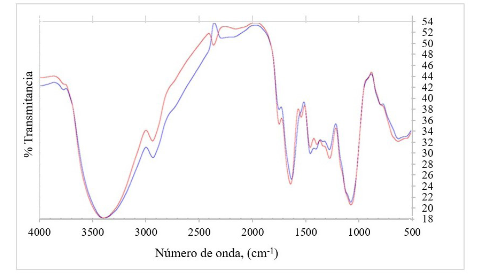 Análisis FTIR del biomaterial a partir de cacao antes y después del proceso de adsorción de cromo.