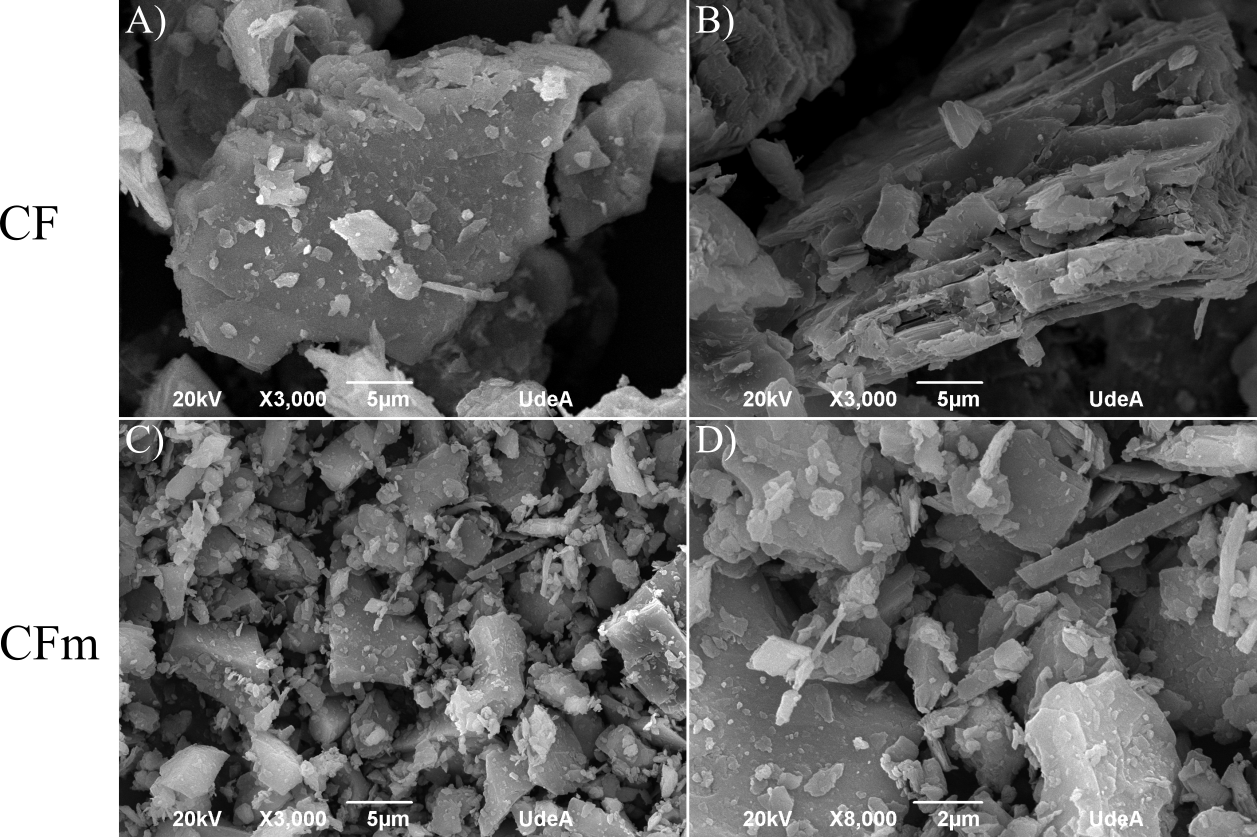Micrografías MEB a) y b) CF y c) y d) CFm.